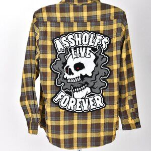 A$$holes Live Forever Men's Yellow Flannel Button Down Skull Shirt Size L